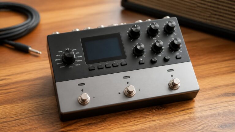 A Boss RV-500 guitar effects pedal on a wooden surface with a blurred music studio background.