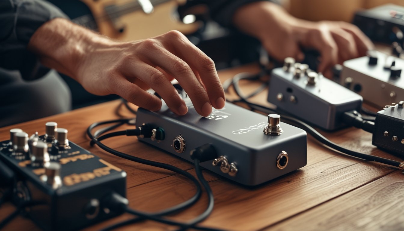 Close-up of hands adjusting an octave guitar pedal surrounded by other guitar pedals and a guitar on a wooden table.