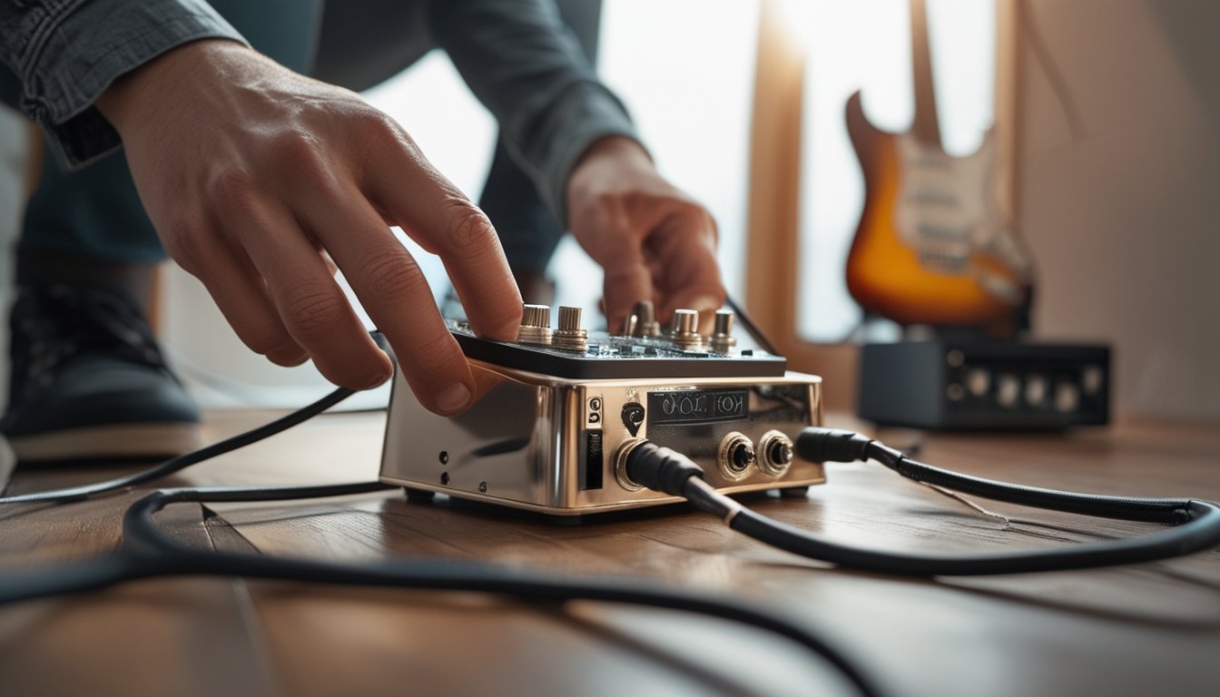 Close-up of hands adjusting an octave guitar pedal with a guitar and amplifier in the background.