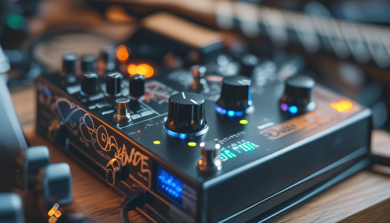 Close-up of a guitar pedalboard highlighting an octave pedal among other effects pedals with knobs and lights.