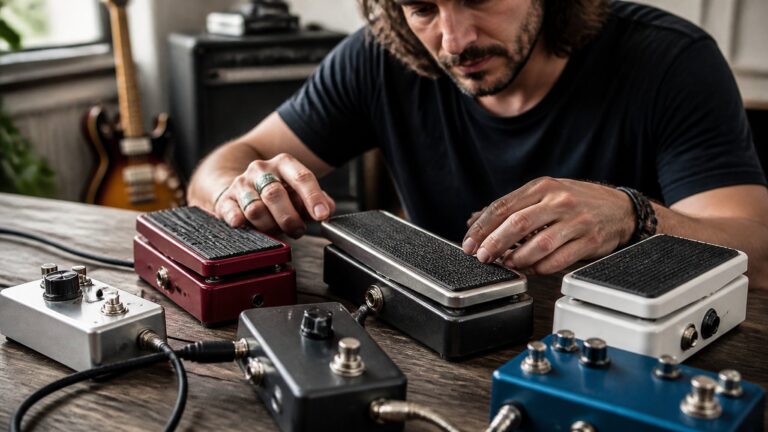 Close-up of a person examining several guitar volume pedals on a table with cables attached.
