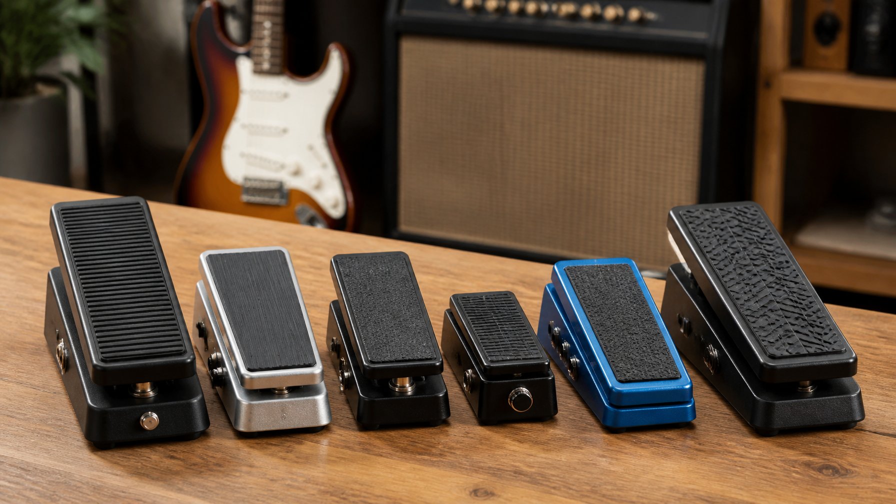 Several different volume pedals arranged on a wooden surface with a guitar and amplifier blurred in the background.