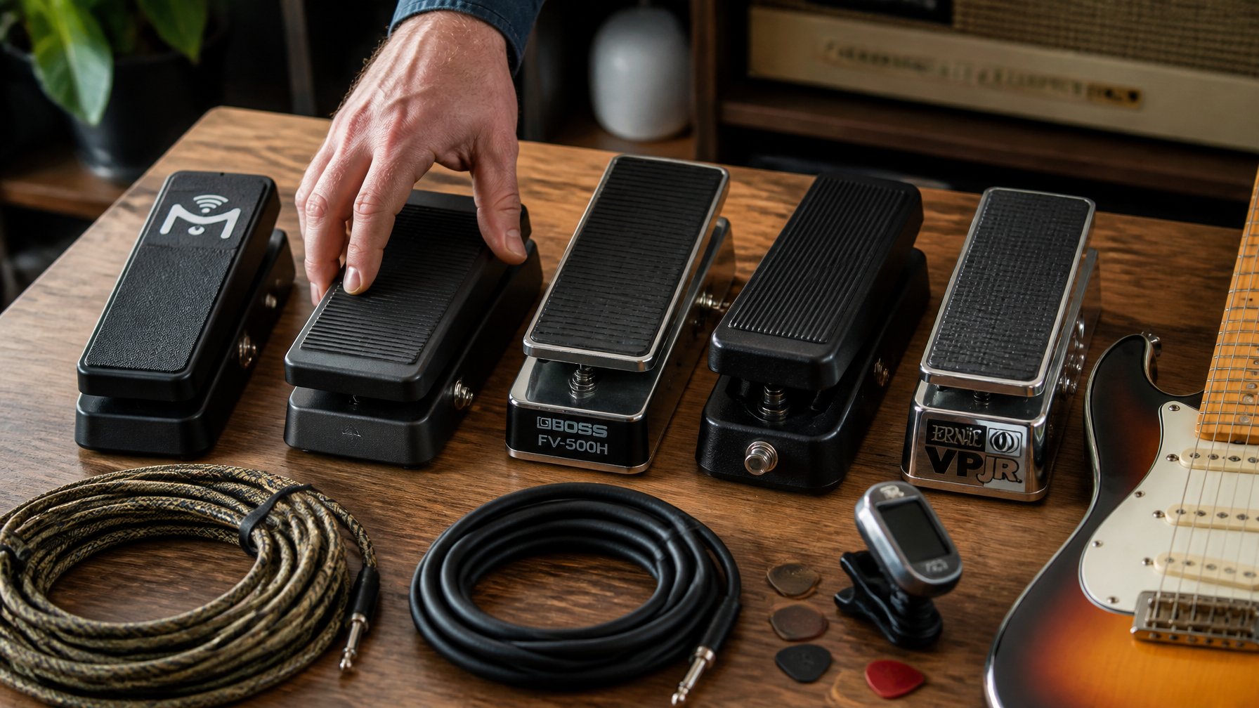 Close-up of a hand selecting a guitar volume pedal among several pedals and accessories on a wooden table.