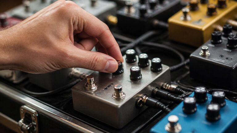 A close-up of a hand adjusting a delay guitar pedal on a pedalboard in a music studio.