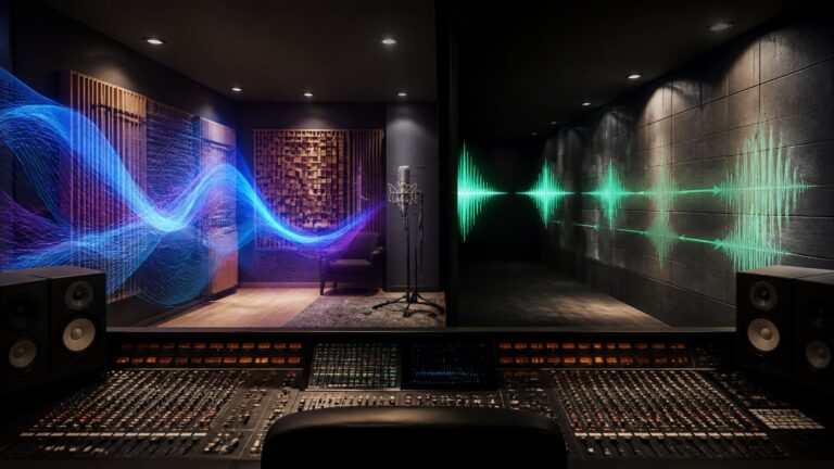 A recording studio showing smooth sound waves blending into the room on one side and distinct bouncing sound waves reflecting off a wall on the other side.