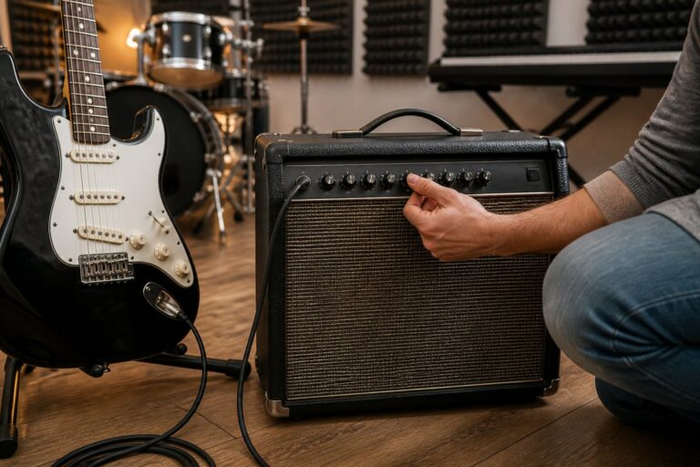 Person adjusting knobs on a guitar amplifier in a music studio with an electric guitar nearby.