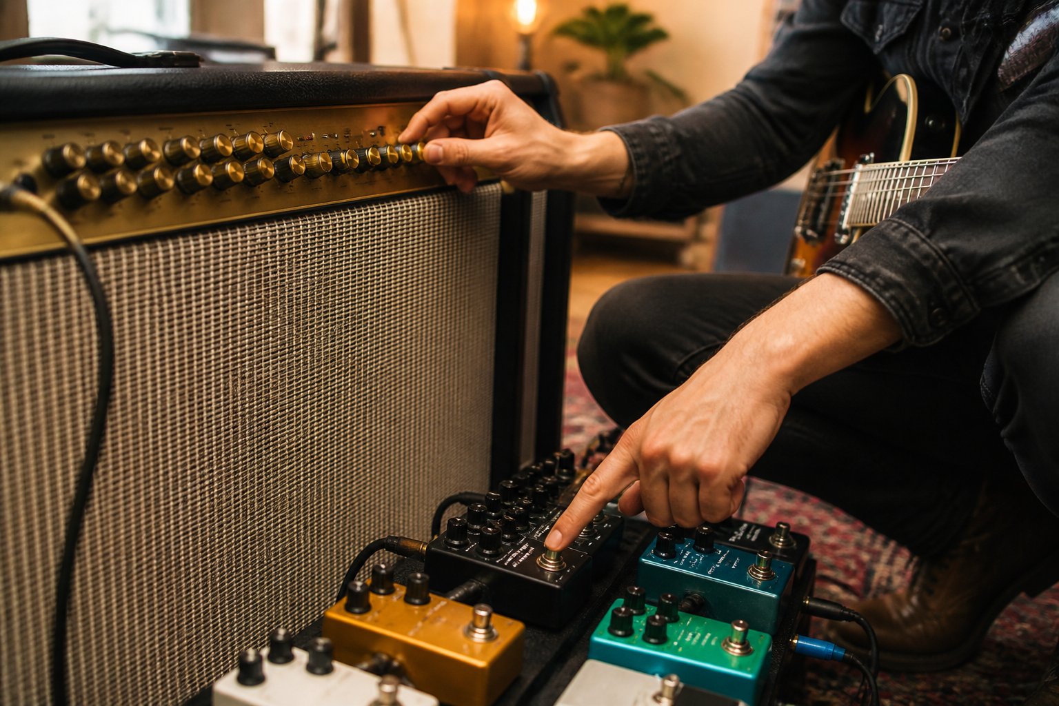 Close-up of a person adjusting a guitar amplifier and external pedals in a music studio.