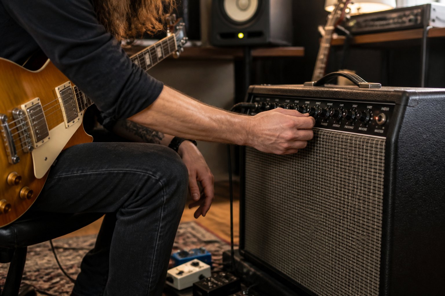 A person adjusting knobs on a guitar amplifier with an electric guitar nearby in a music studio.